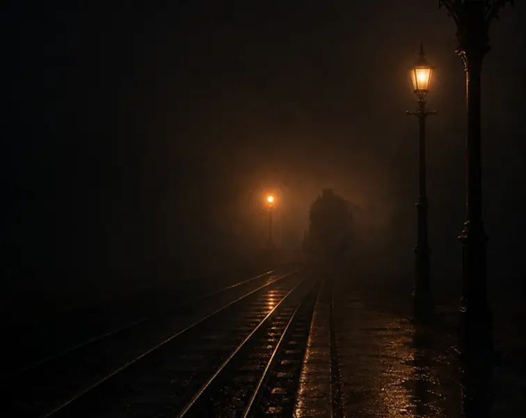 Promotional artwork showing wet railway tracks disappearing into a dark, foggy station